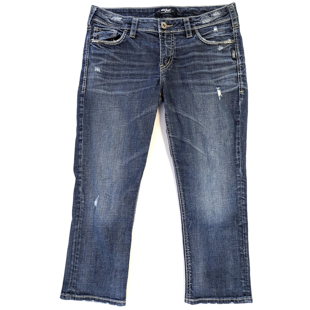 Silver Jeans Co Elyse Capri Dark Wash Distressed Jeans 29x22.5 L43002SJL497